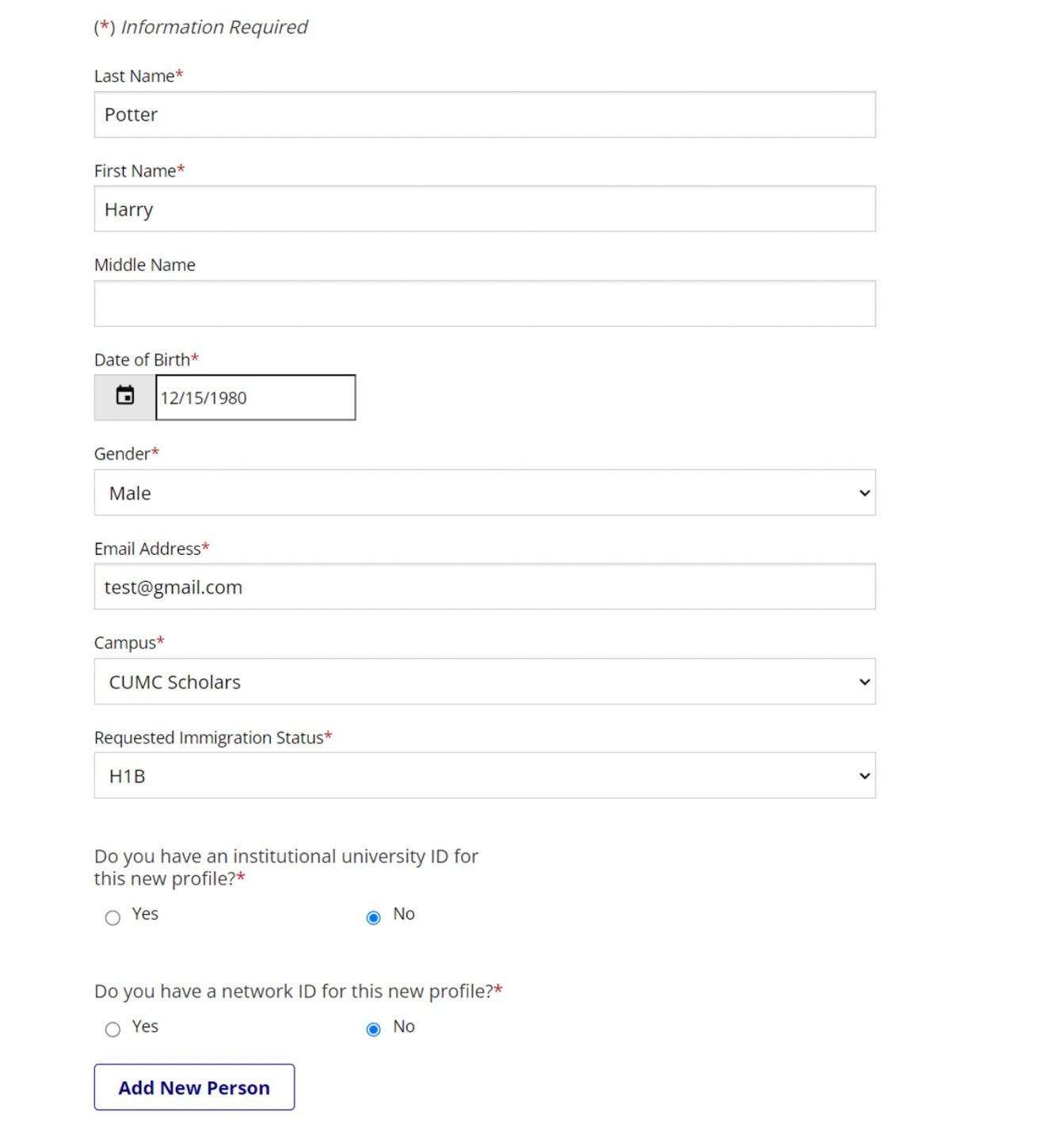 Image of Completing the Add New Person form.
