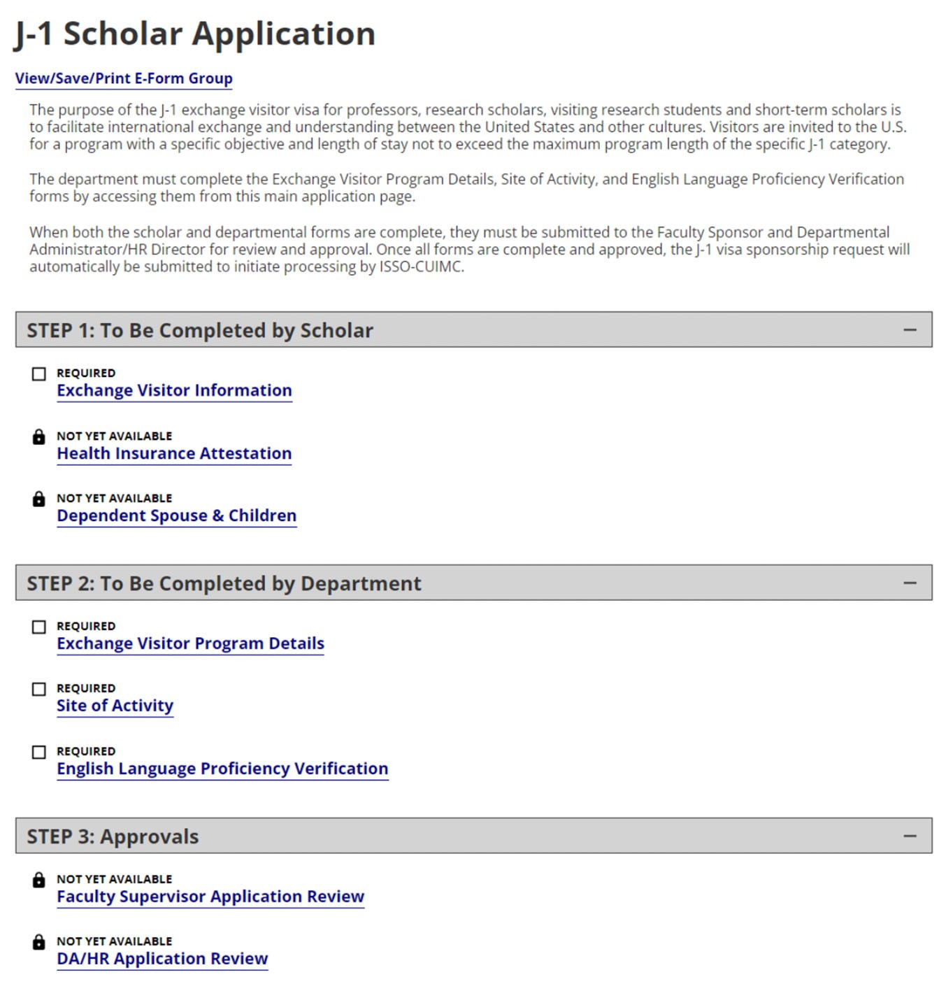 Image of J-1 Scholar Application screen.