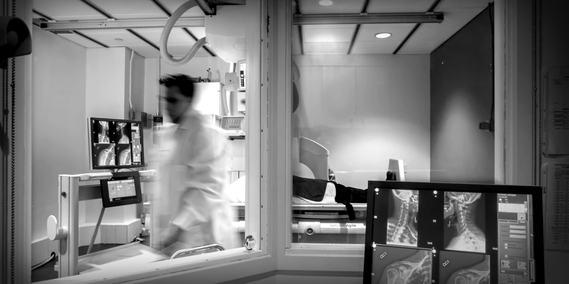 a person walks across a lab.