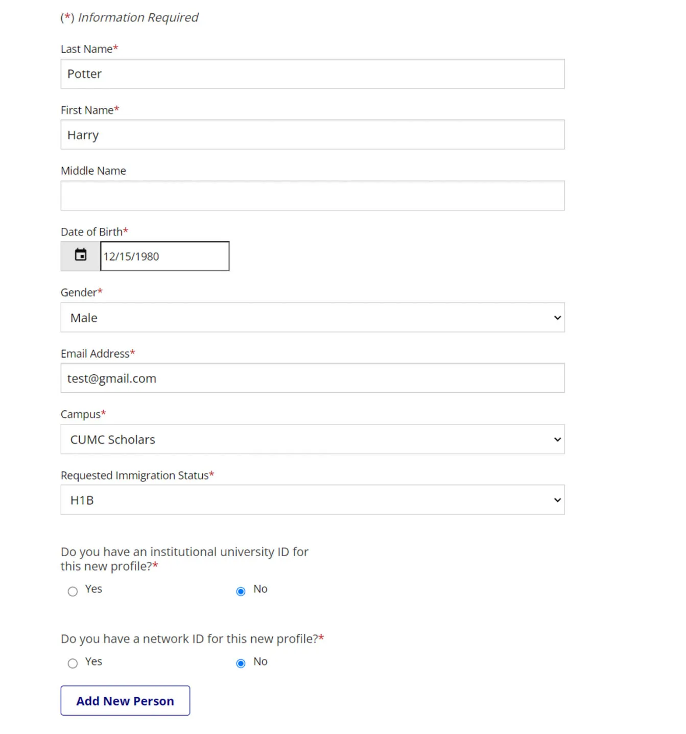 Image of Completing the Add New Person form.