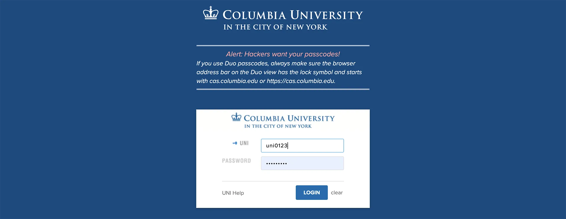 SSP Columbia UNI Login Page